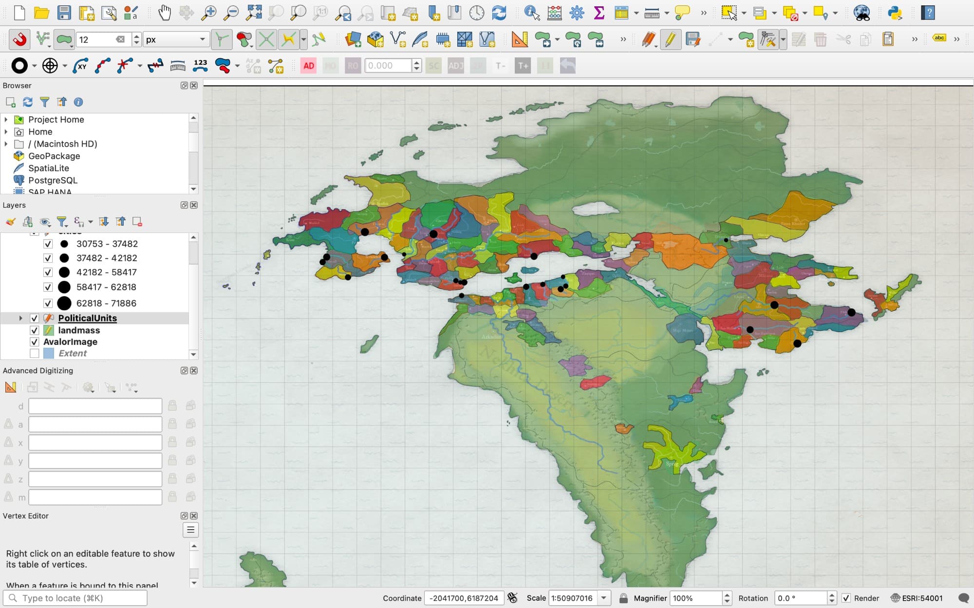 Political units overlaid on QGIS satellite view